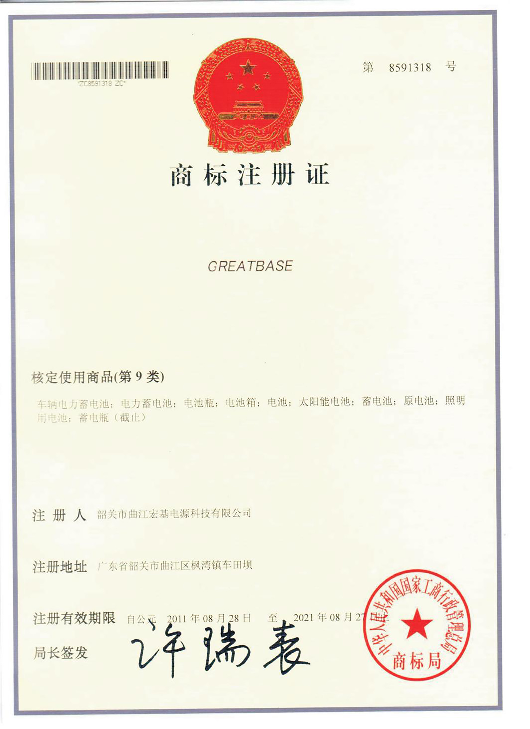 GREATBASE Trademark Registration Certificate